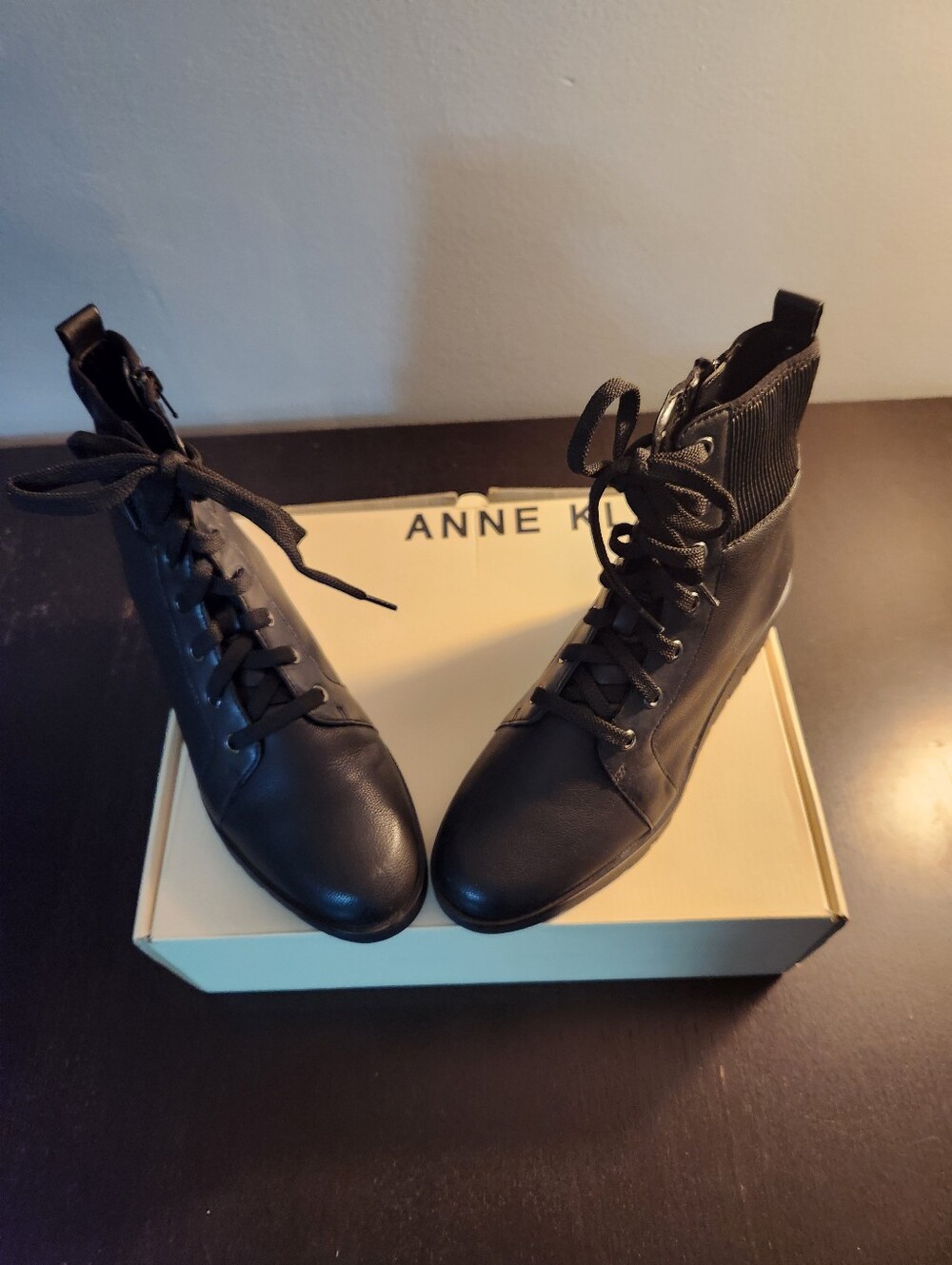 Anne Klein Black Lace-Up Ankle Boots with Knit Collar. Excellent Condition.